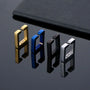 Geometric Square Clip-On Earrings in four metallic finishes displayed at an angle on reflective gray surface