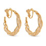 A pair of gold hoop earrings with a twisted, braided design and a textured pavé crystal setting, shown on a solid white background.