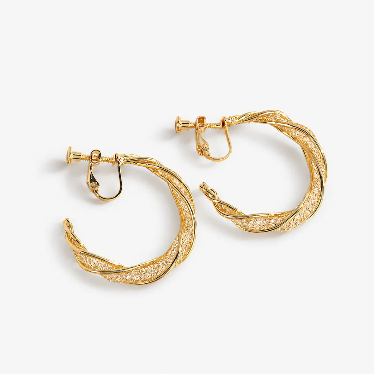 A pair of gold hoop earrings with a textured, twisted design and screwback closures, displayed on a clean white background.