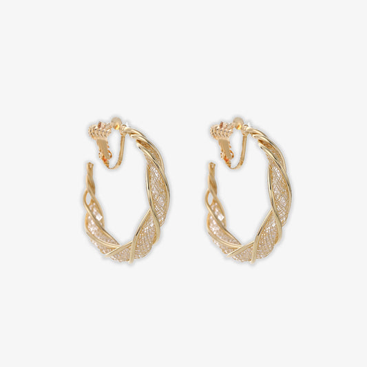 Discover the ultimate in elegance with our Glimmering Lattice Twist Clip-On Earrings in Gold. Perfect for those who love the luxurious look of gold without the need for pierced ears.