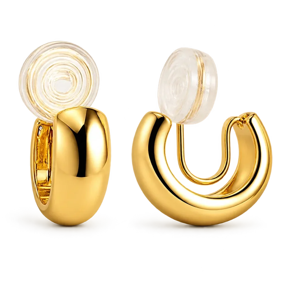 Elegant glossy gold clip-on hoop earrings for women, 10mm diameter, gold plated copper
