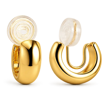 Elegant glossy gold clip-on hoop earrings for women, 10mm diameter, gold plated copper