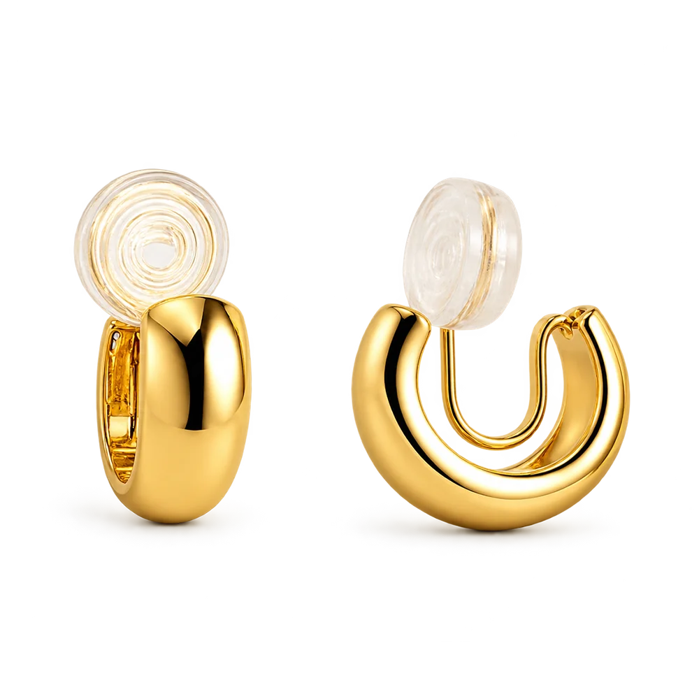 Elegant glossy gold clip-on hoop earrings for women, 10mm diameter, gold plated copper