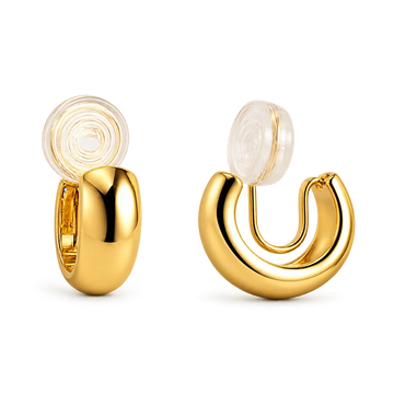 Elegant glossy gold clip-on hoop earrings for women, 10mm diameter, gold plated copper