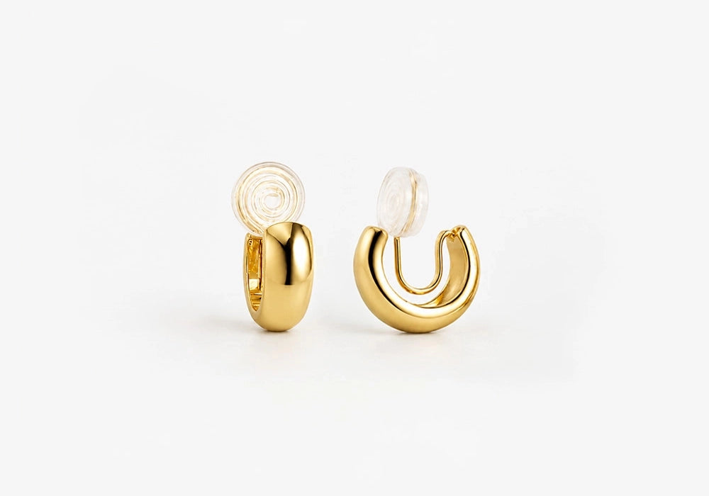 Elegant glossy gold clip-on hoop earrings for women, 10mm diameter, gold plated copper
