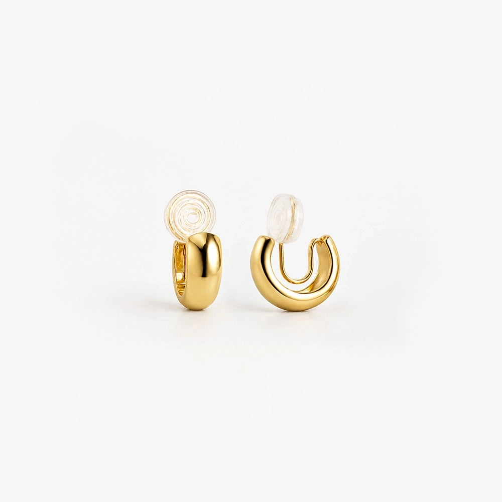Elegant glossy gold clip-on hoop earrings for women, 10mm diameter, gold plated copper