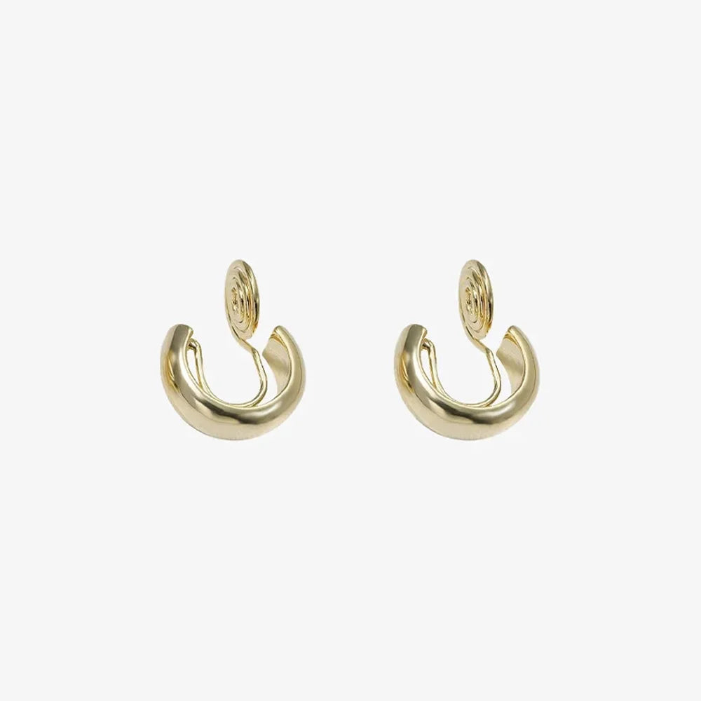 Elegant glossy gold clip-on hoop earrings for women, 10mm diameter, gold plated copper