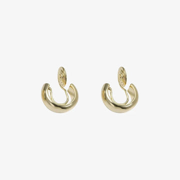 Elegant glossy gold clip-on hoop earrings for women, 10mm diameter, gold plated copper