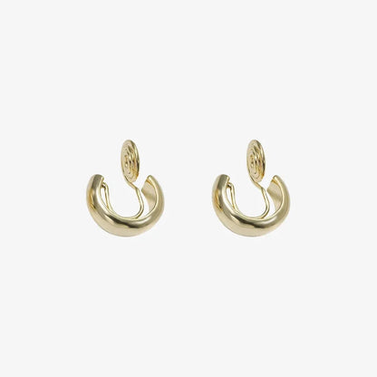 Elegant glossy gold clip-on hoop earrings for women, 10mm diameter, gold plated copper