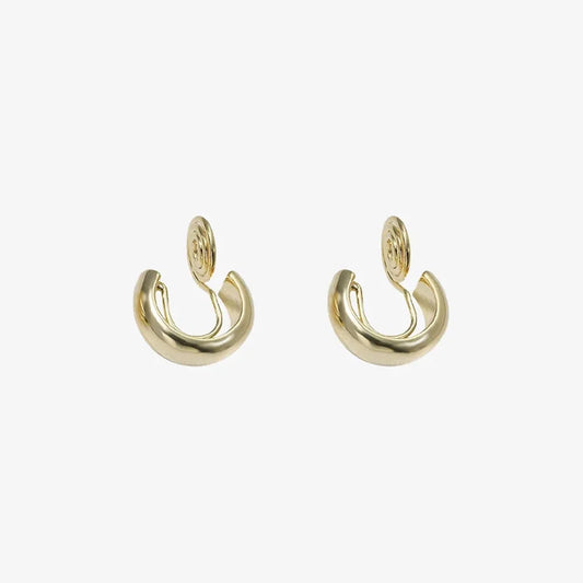 Elegant glossy gold clip-on hoop earrings for women, 10mm diameter, gold plated copper