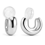 A pair of polished silver hoop earrings with clear, shown from both front and side angles on a clean white background.