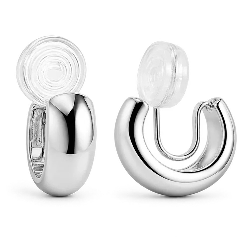 A pair of polished silver hoop earrings with clear, shown from both front and side angles on a clean white background.