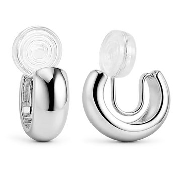 A pair of polished silver hoop earrings with clear, shown from both front and side angles on a clean white background.
