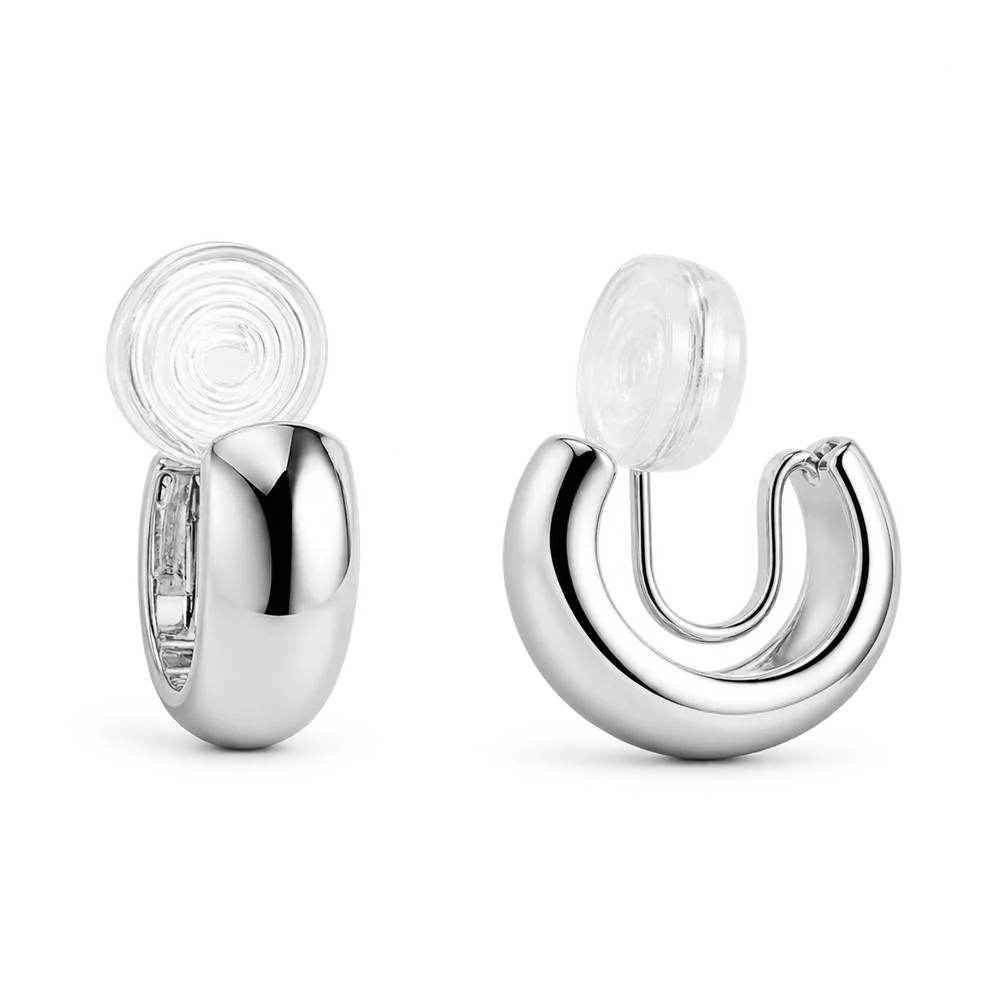 A pair of polished silver hoop earrings with clear, shown from both front and side angles on a clean white background.