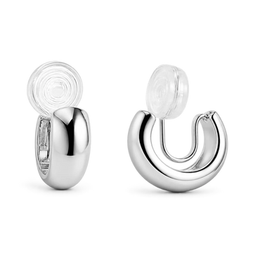 A pair of polished silver hoop earrings with clear, shown from both front and side angles on a clean white background.