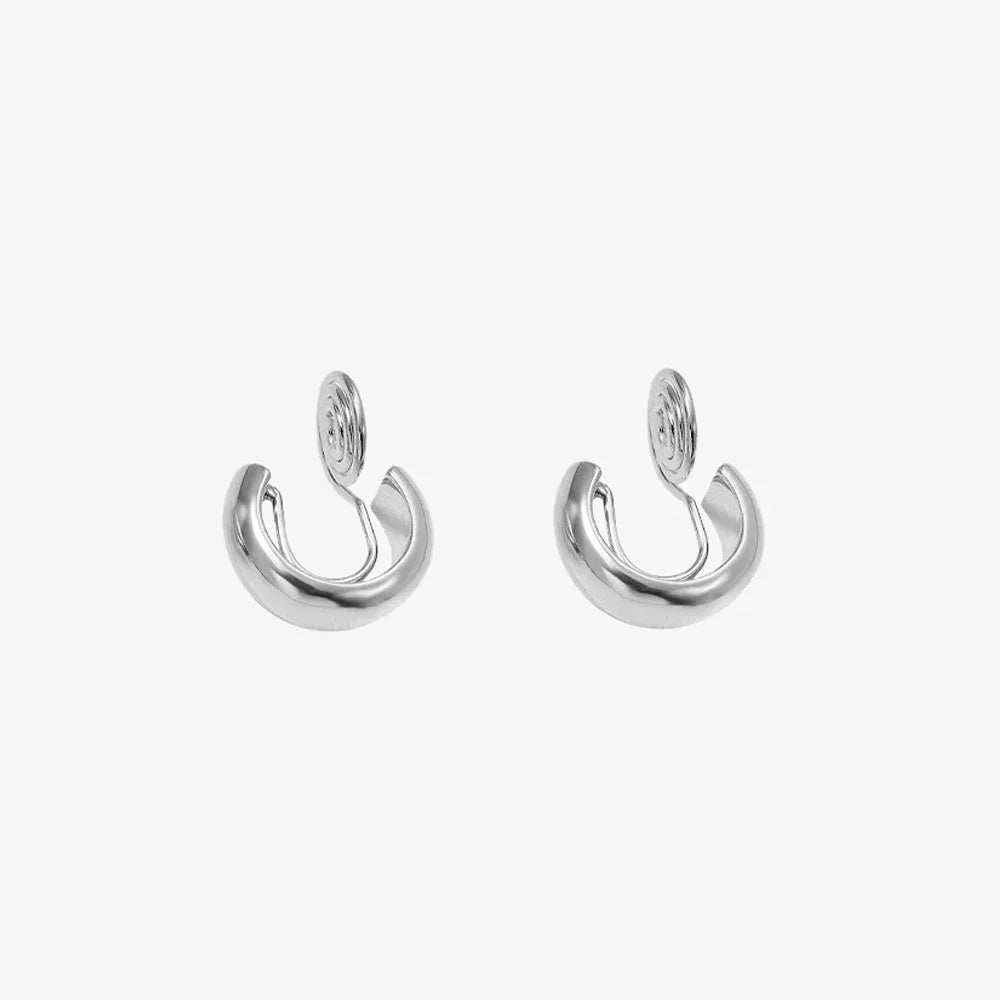 Stylish glossy silver clip-on hoop earrings for women, 10mm diameter, white gold plated copper