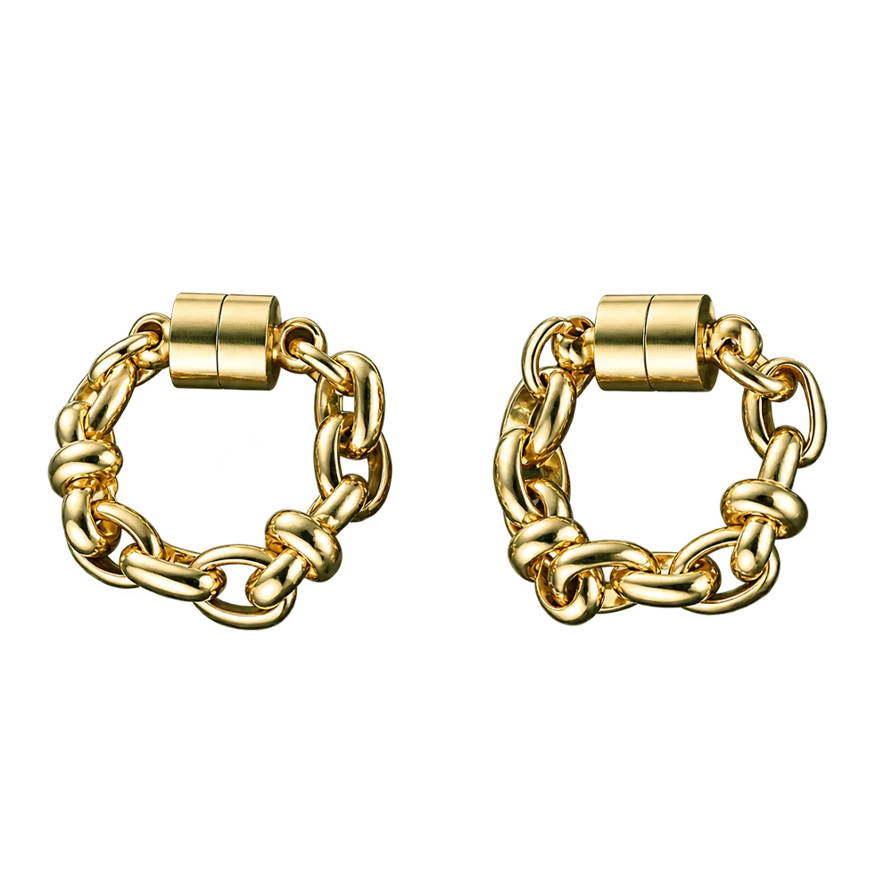 A pair of gold-toned chunky chain link earrings with a magnetic clasp, displayed on a clean white background.