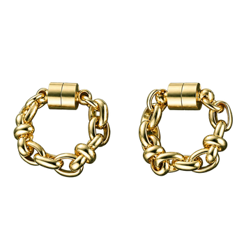 A pair of gold-toned chunky chain link earrings with a magnetic clasp, displayed on a clean white background.