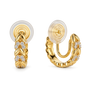 A pair of gold huggie hoop earrings with clear pavé diamond leaf motifs, shown from both front and side angles on a white background.