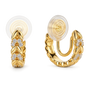 A pair of gold huggie hoop earrings with clear pavé diamond leaf motifs, shown from both front and side angles on a white background.
