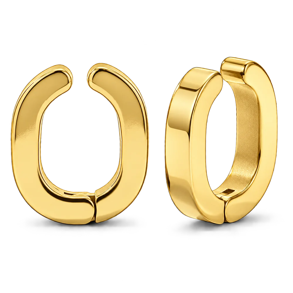 A pair of yellow gold clip on huggie hoop earrings shown from two angles on a clean white background.