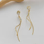 Gold long tassel clip on earrings overhead view on white background with wooden hanger