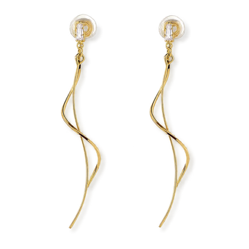 A pair of gold dangle earrings with a twisted, flowing wire design and clear crystal backings, shown on a solid white background.