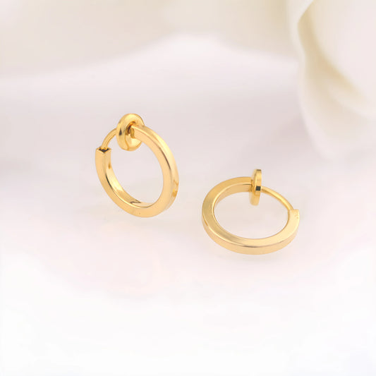 Lightweight and stylish Gold Mini Clip-On Hoop Earrings for men, available in 13mm and 15mm diameter options.