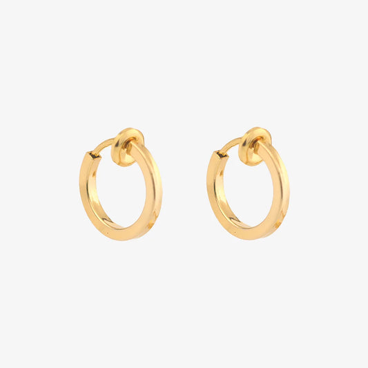 Gold Mini Square Tube Clip-On Hoop Earrings with a 14k gold plated finish and sliding spring-ring clip design.