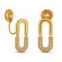 A pair of gold statement clip on earrings featuring a U-shaped drop, and a lower U-shaped section paved with small clear stones, shown on a white background.
