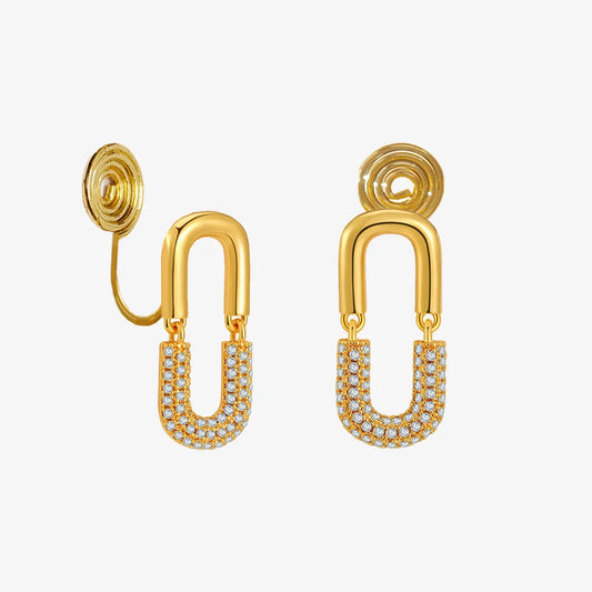 Gold Paperclip-Style Zircon Clip-On Dangle Earrings close-up