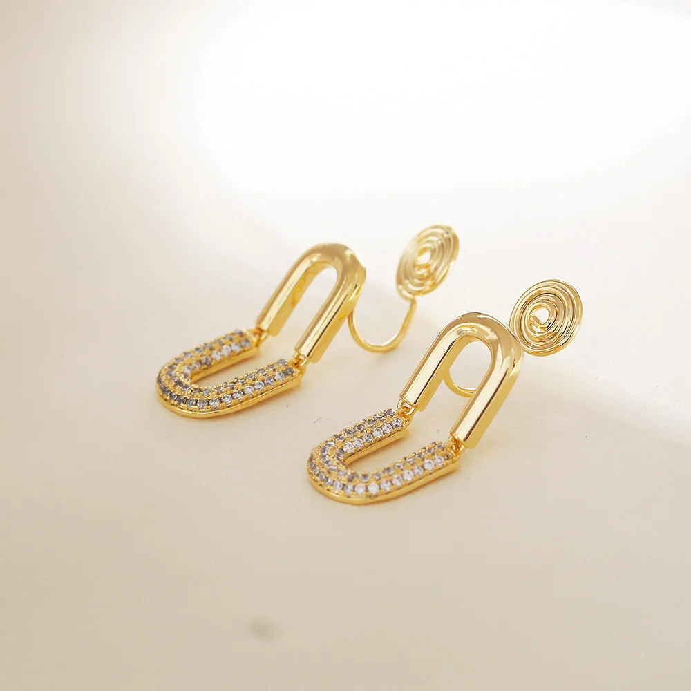 Zircon-Embellished Paperclip Gold Clip-On Earrings