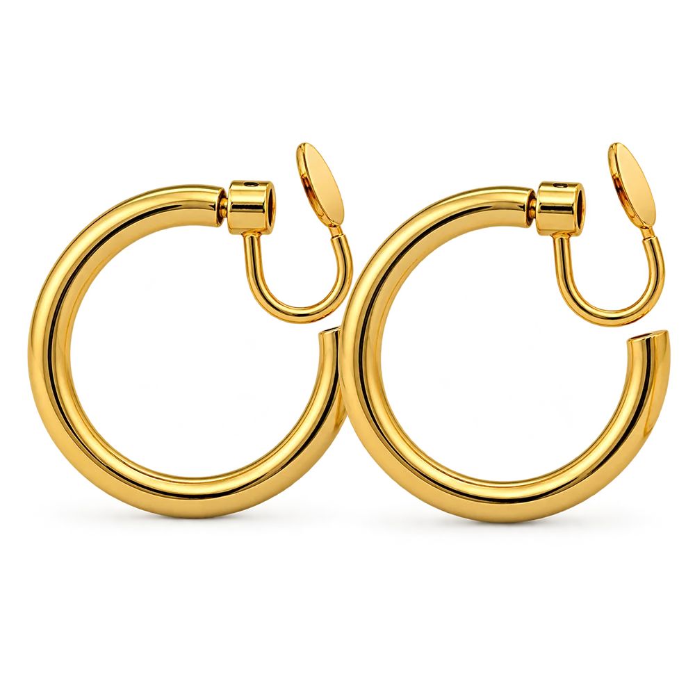 A pair of polished yellow gold hoop earrings with u-type closures, shown on a clean white background.