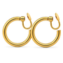 A pair of polished yellow gold hoop earrings with u-type closures, shown on a clean white background.