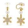 A pair of gold-toned dangle earrings with clear crystal snowflake charms, a white faux pearl, shown on a white background.