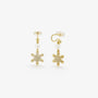 Gold snowflake zirconia clip-on earrings with pearl accents front view on white background