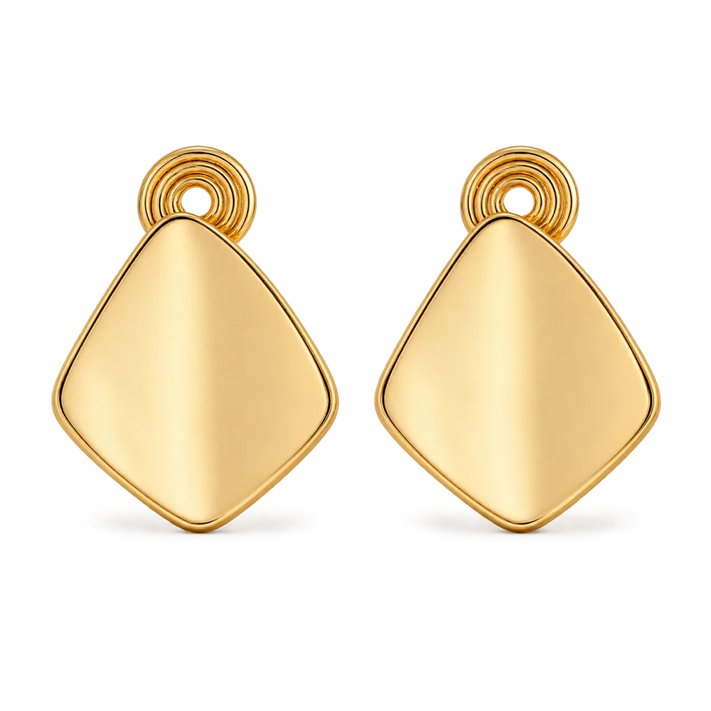 A pair of gold geometric stud earrings with a rounded diamond-shaped drop, shown on a plain white background.