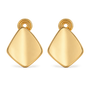 A pair of gold geometric stud earrings with a rounded diamond-shaped drop, shown on a plain white background.