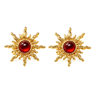 Gold Sun Clip-On Earrings with Ruby