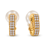 A pair of gold huggie earrings with clear crystal pavé settings, shown on a clean white background.
