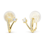 A pair of gold hoop earrings with clear gemstones, shown on a plain white background. Each earring features a curved gold band with a row of small clear stones and a larger central clear stone, attached to a flat circular white backing.