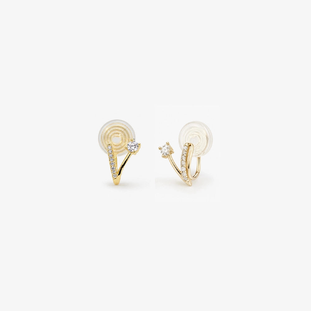 Pair of 18K gold plated sterling silver V-shape clip-on stud earrings with zircon on white background