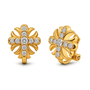 A pair of gold huggie hoop earrings with a floral design, set with clear round-cut gemstones, shown on a clean white background.
