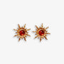 Gold sun clip-on ear studs with red faux rubies adding fiery power. Hinged back for non pierced ears. Embrace the celestial trend.