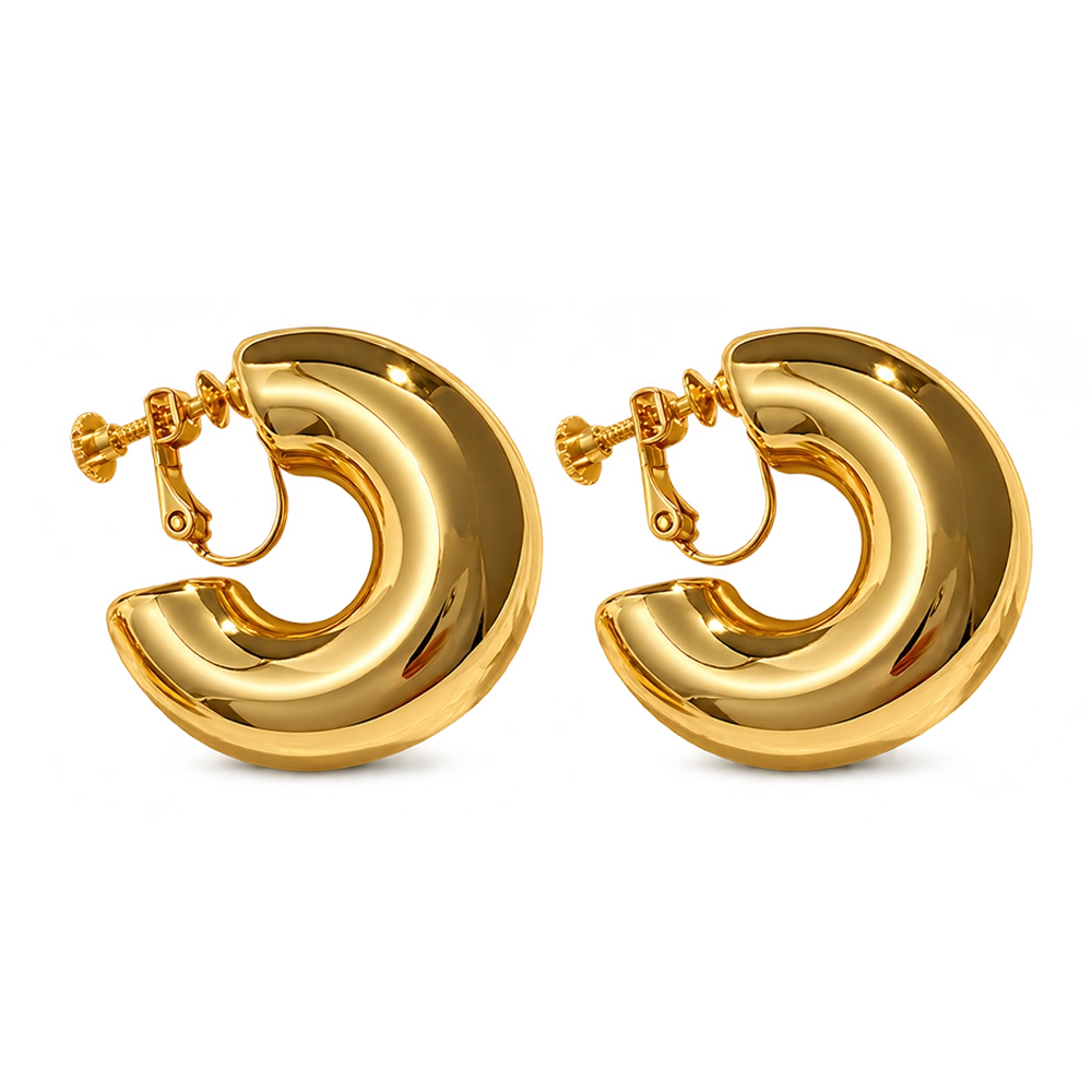 A pair of chunky, polished gold hoop earrings with a screw-back clip, displayed on a clean white background.