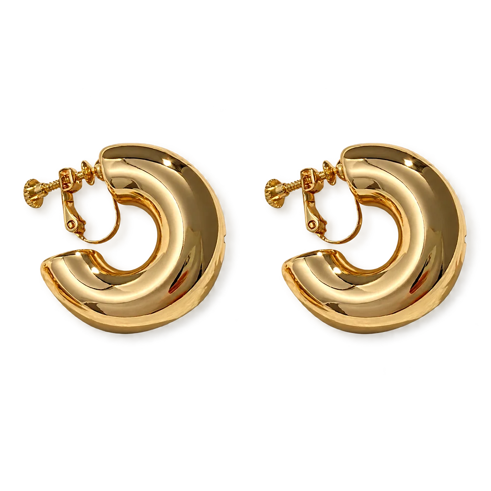 A pair of chunky, polished gold hoop earrings with a screw-back clip, displayed on a clean white background.