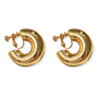 A pair of chunky, polished gold hoop earrings with a screw-back clip, displayed on a clean white background.