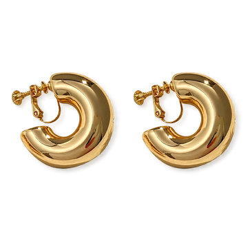 A pair of chunky, polished gold hoop earrings with a screw-back clip, displayed on a clean white background.
