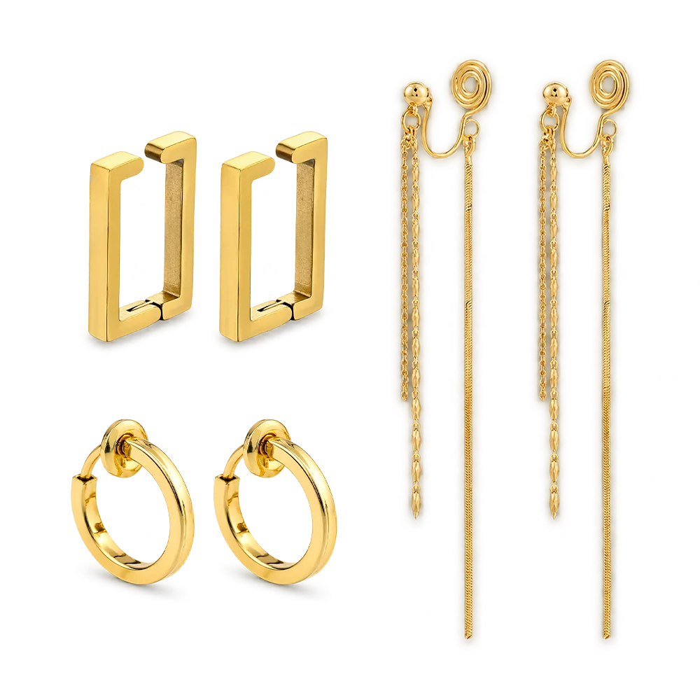 A set of three pair of clip-on earrings in gold color. The set includes one pair of rectangular clip-on hoop earrings, one pair of chain chandelier clip-on earrings, and one pair of mini square tube clip-on hoop earrings.