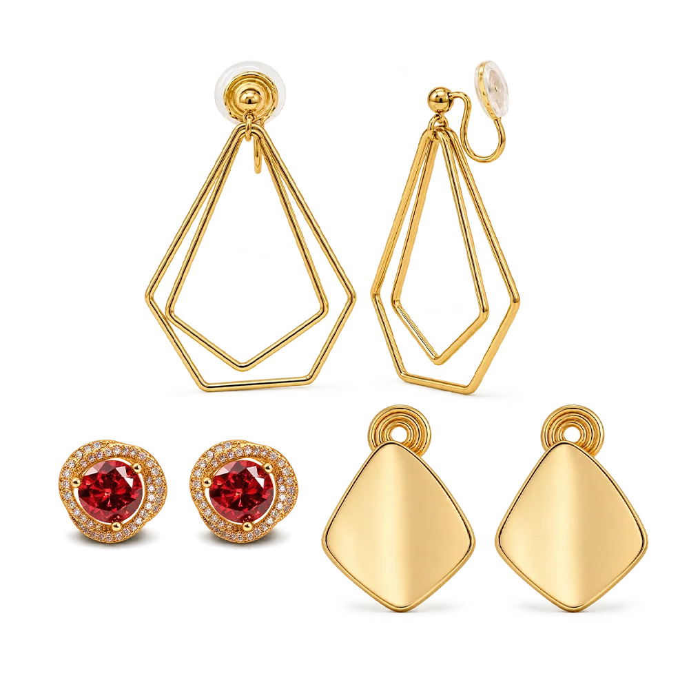 A set of three clip-on earrings. The earrings feature a gold color with one earring having a square shape, and the other two earrings having a geometric layered design.